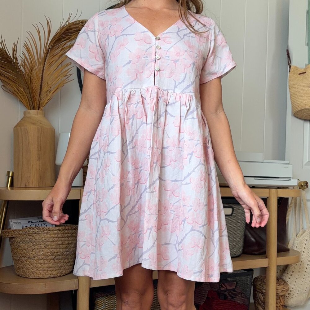 Fighting Eel Ava Sky Sakura Print Linen Dress